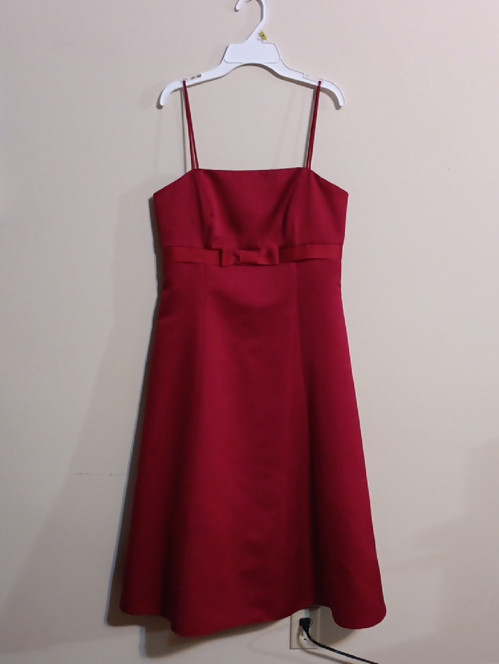 Davids Bridal Satin Midi Bowtie Spaggeti Strap Apple Dress Style 8585Z